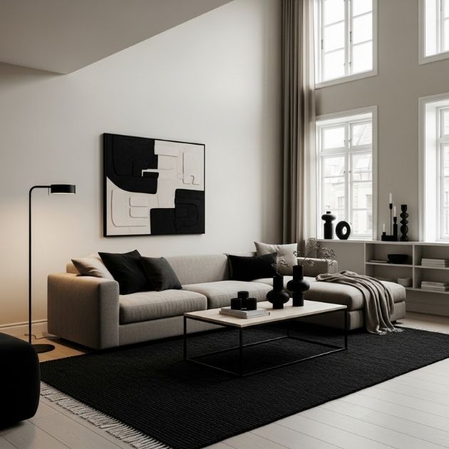 Airy and Inviting Monochrome Black and Beige Living Room