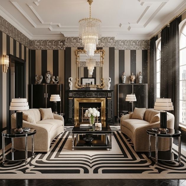 Art Deco Glamour Black and Beige Living Room