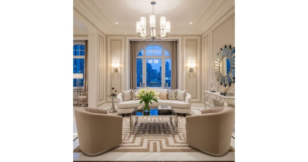 Beige and White Art Deco Dream Living Room
