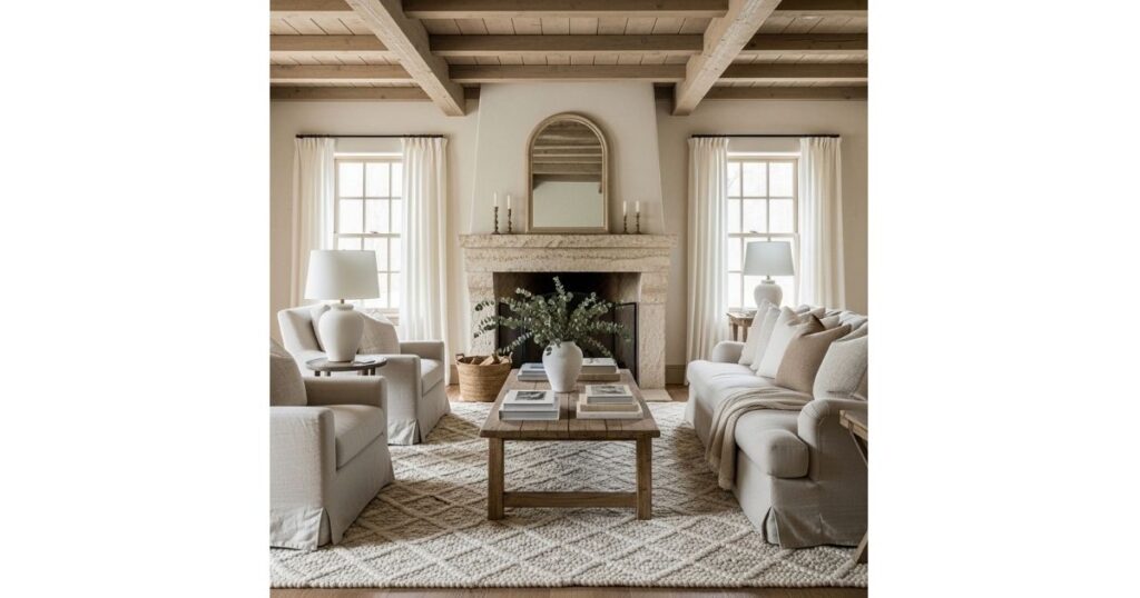 Beige and White Rustic Retreat White and Beige Living Room