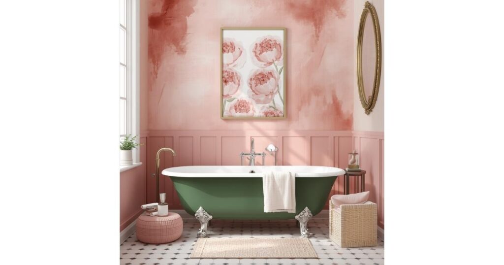 Blush Pink Statement Wall green and pink Bathroom