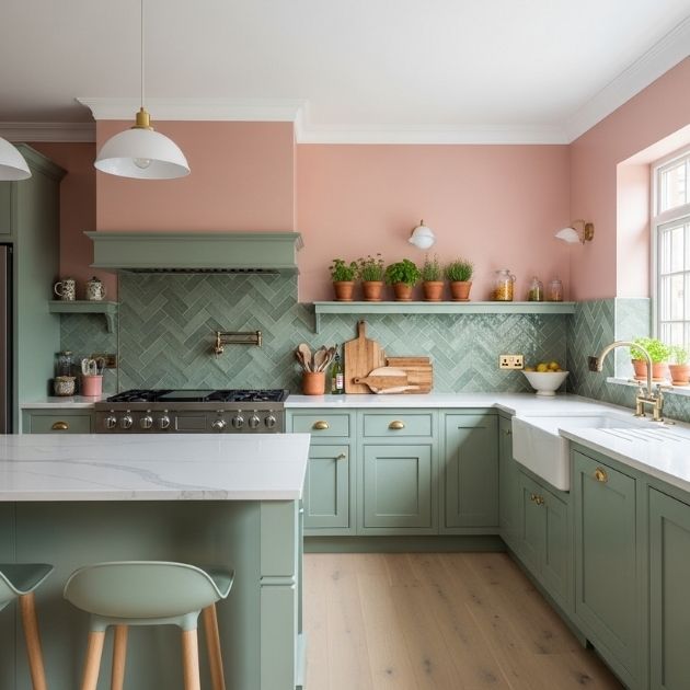 Blush Pink Walls with Sage Green Details