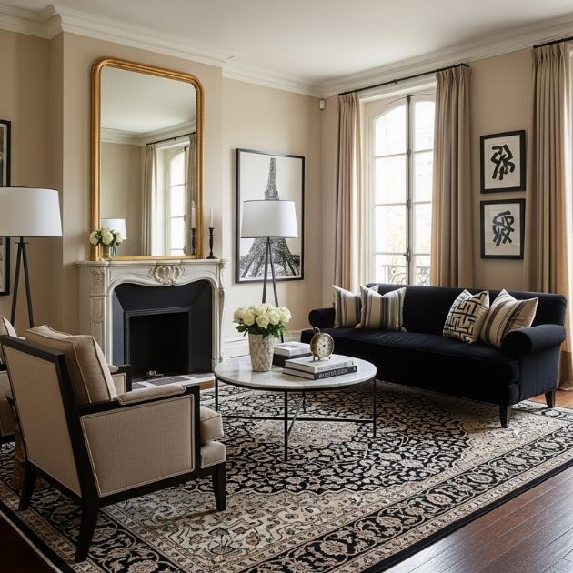 Chic Parisian Charm Black and Beige Living Room