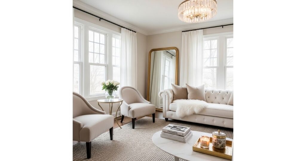 Classic Glamour in Neutrals White and Beige Living Room