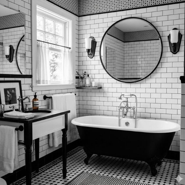 Classic Monochrome Elegance Black and White Bathroom.