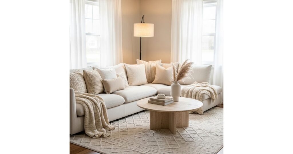 Cozy Beige Layers White and Beige Living Room