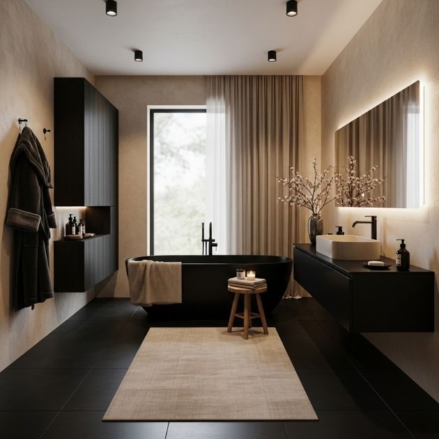 Cozy Modern Spa Black and Beige Bathroom