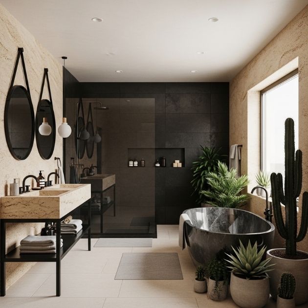 Desert-Inspired Oasis Black and Beige Bathroom