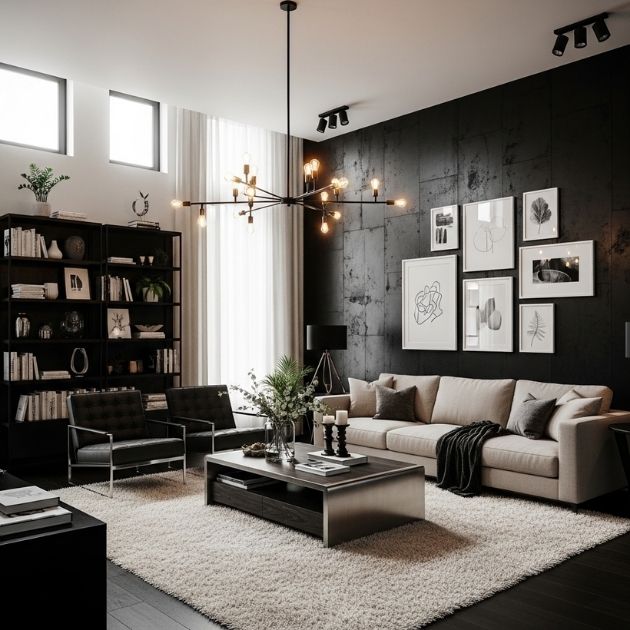 Dramatic Statement Black and Beige Living Room