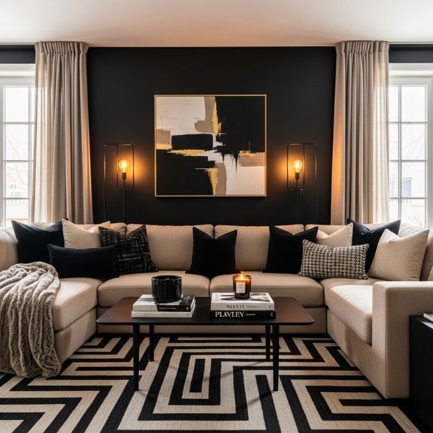 Dramatic Yet Cozy Appeal Black and Beige Living Room