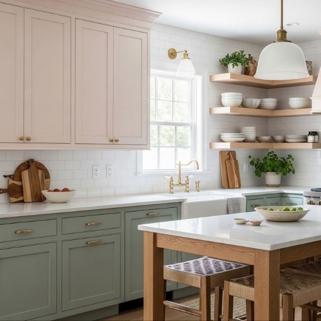 Soft Blush and Sage Two-Tone Cabinets
