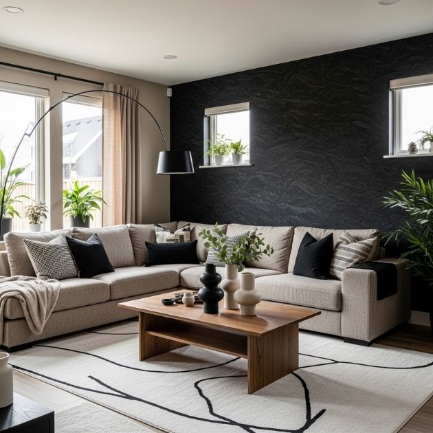 Earthy and Modern Sanctuary Black and Beige Living Room