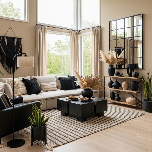 Earthy and Organic Retreat Black and Beige Living Room