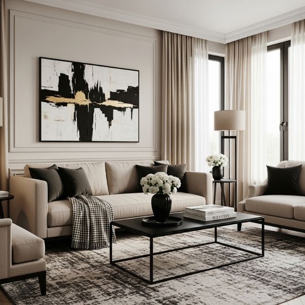 Elegant Black and Beige Serenity Living Room