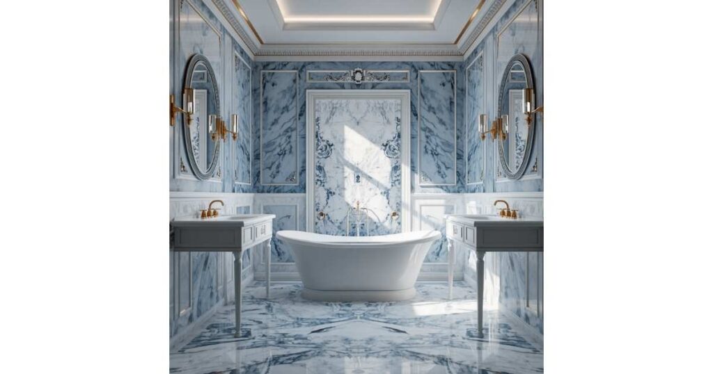 Elegant Marble Escape Blue and White Bathroom