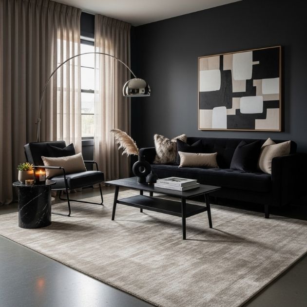 Elegant and Moody Retreat Black and Beige Living Room