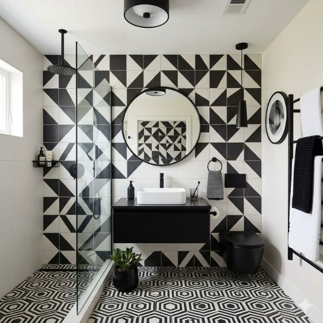 Geometric Chic Black and White Bathroom