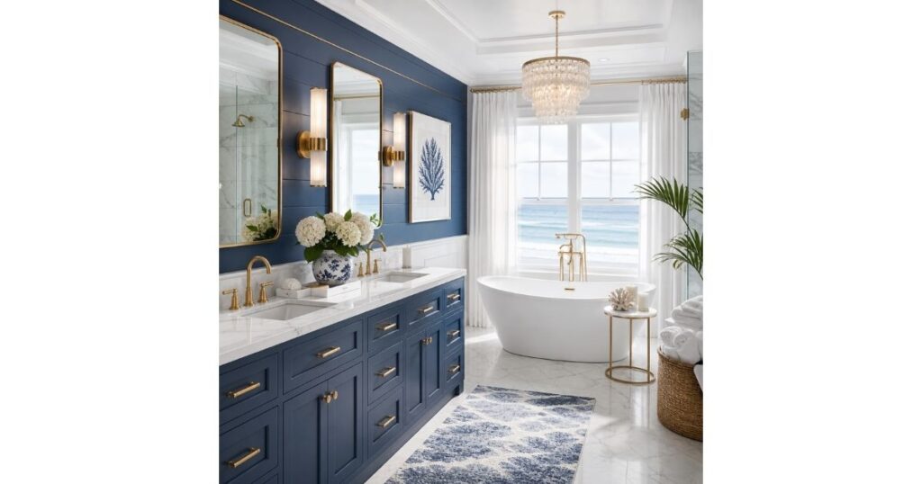 Glamorous Coastal Spa Blue and White Bathroom
