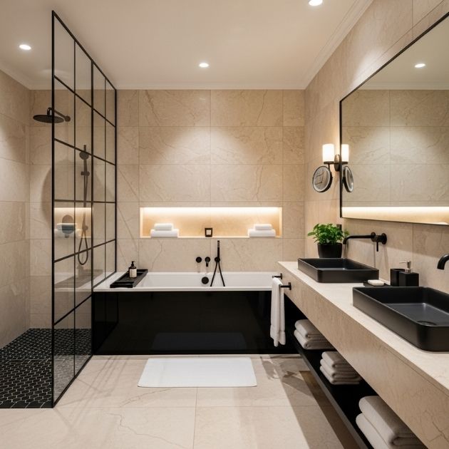 High-End Hotel Vibes Black and Beige Bathroom