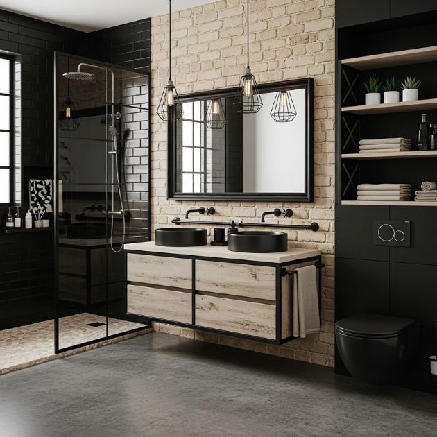 Industrial Chic Elegance Black and Beige Bathroom