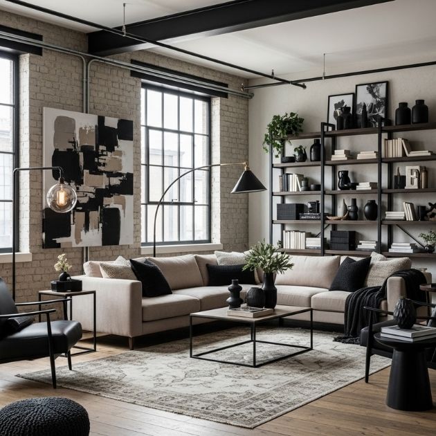Industrial Loft Vibes Black and Beige Living Room