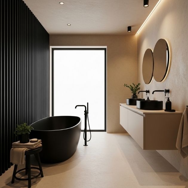 Japandi Elegance Black and Beige Bathroom