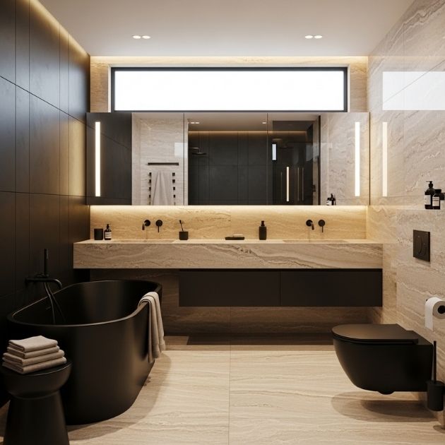 Marble and Matte Black Perfection Black and Beige Bathroom