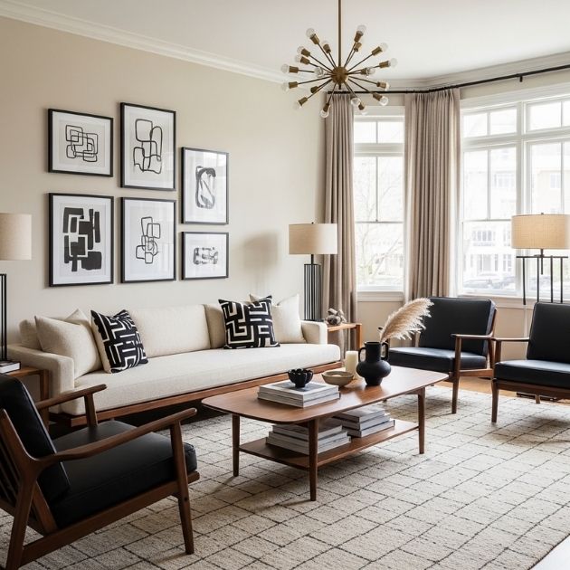 Mid-Century Modern Charm Black and Beige Living Room
