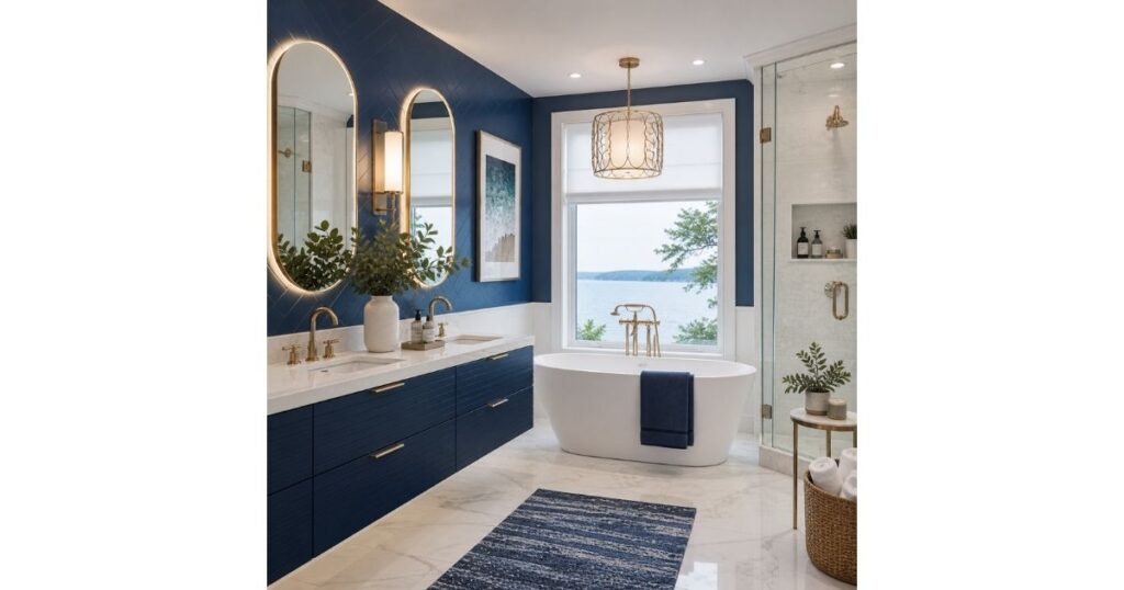 Modern Blue Retreat Tones Blue and White Bathroom