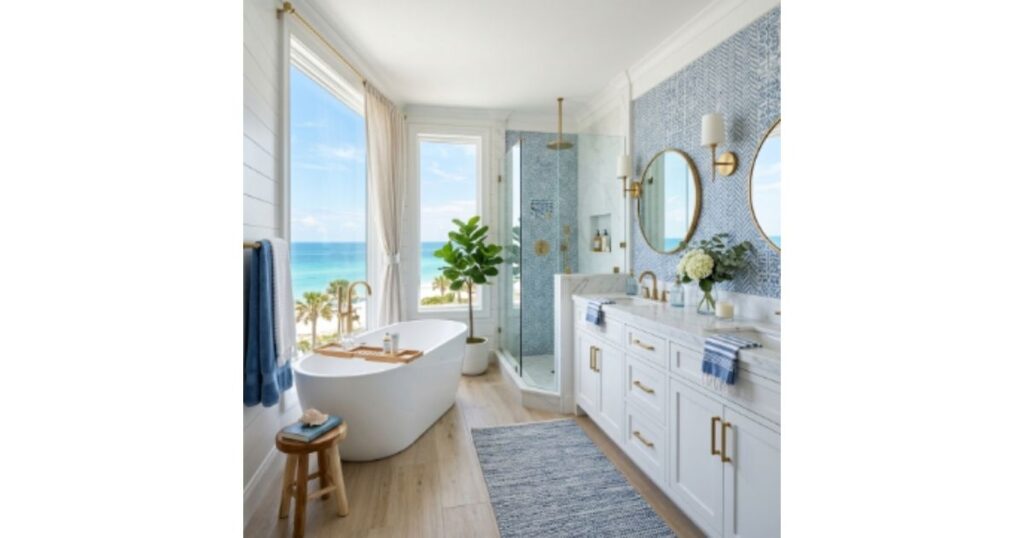 Modern Coastal Oasis Blue and White Bathroom