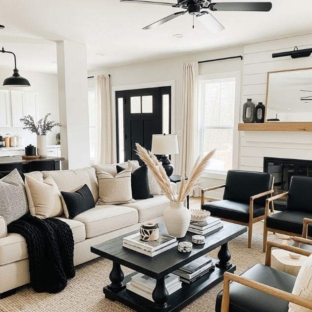 Modern Farmhouse Warmth Black and Beige Living Room