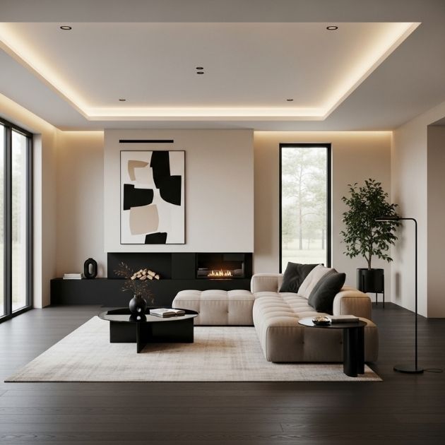 Modern Minimalist Retreat Black and Beige Living Room