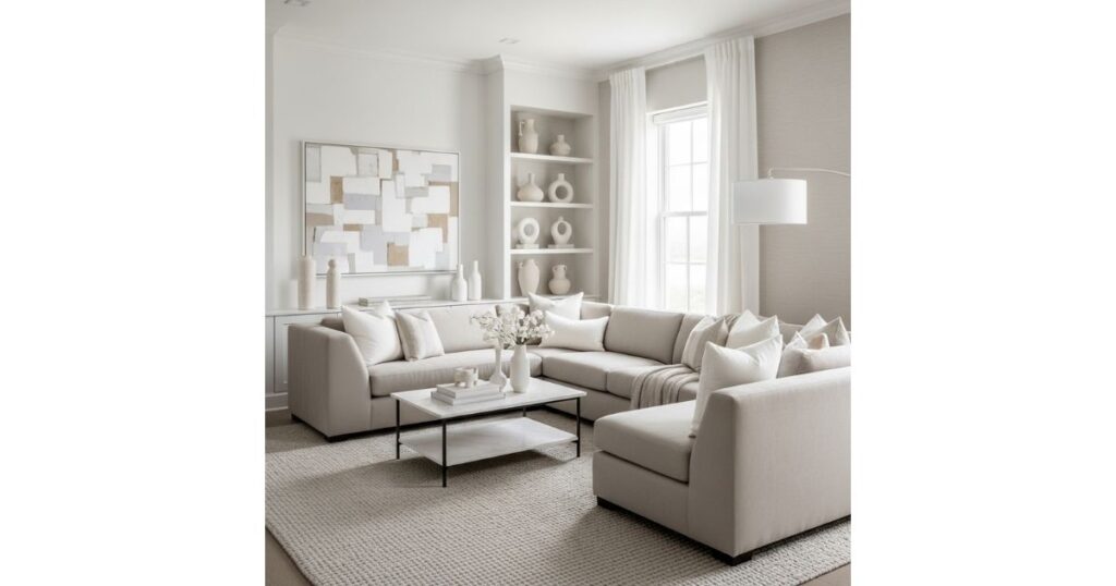 Modern Monochrome Serenity White and Beige Living Room