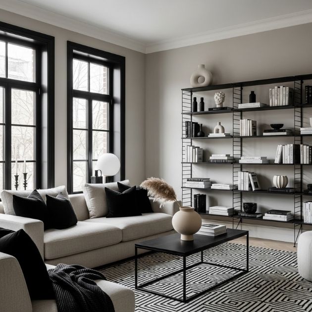 Monochrome Chic Black and Beige Living Room
