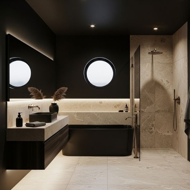 Moody and Sophisticated Black and Beige Bathroom