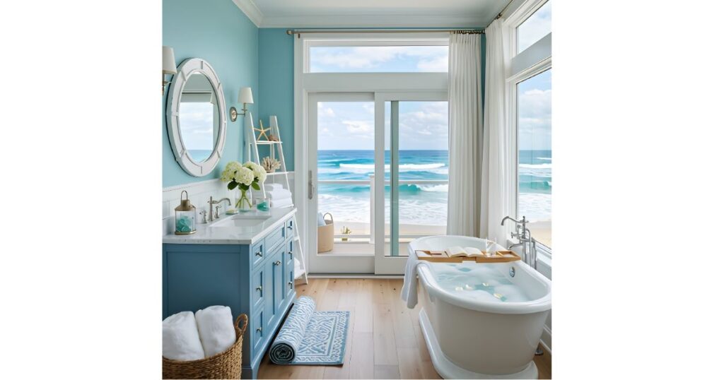 Ocean Wave Tranquility Blue and White Bathroom
