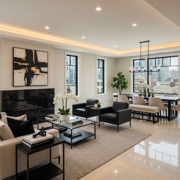 Open-Concept Sophistication Black and Beige Living Room