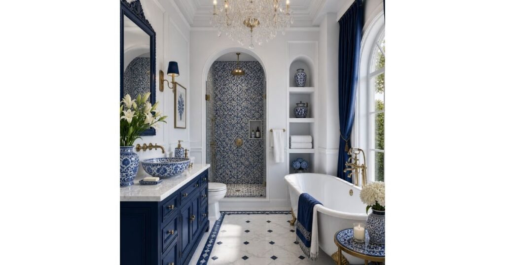 Regal Monochrome Beauty Blue and White Bathroom