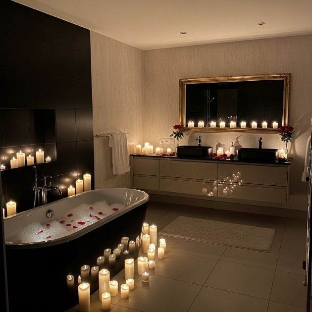 Romantic Candlelit Escape Black and Beige Bathroom