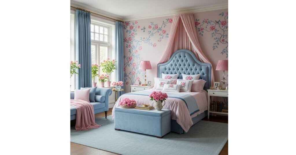 Rose Garden Romance Pink and Blue Bedroom