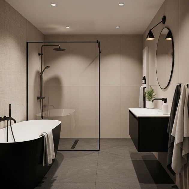 Scandinavian Serenity Black and Beige Bathroom