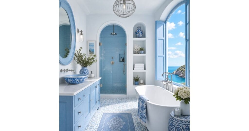 Sky-Blue Retreat Blue and White Bathroom