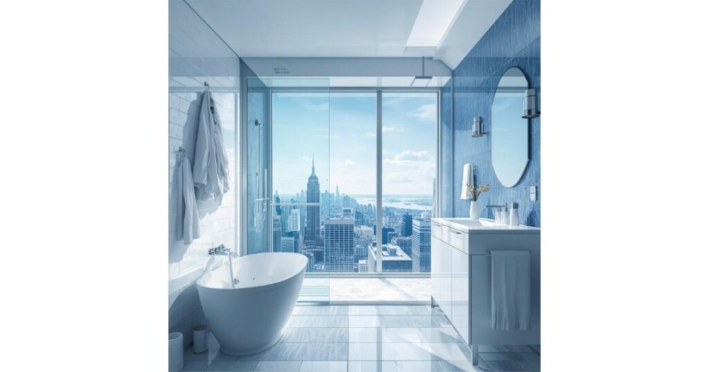 Skyline Elegance Blue and White Bathroom