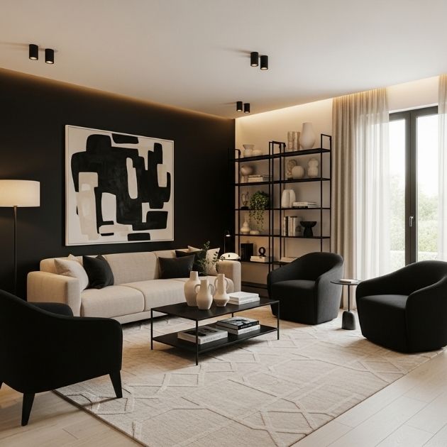 Sleek and Cozy Contrast Black and Beige Living Room