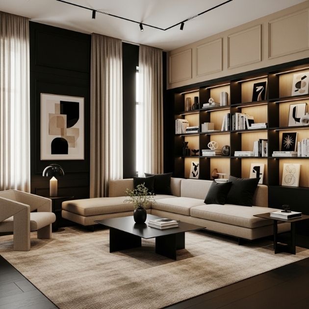Sleek and Sophisticated Black and Beige Lounge