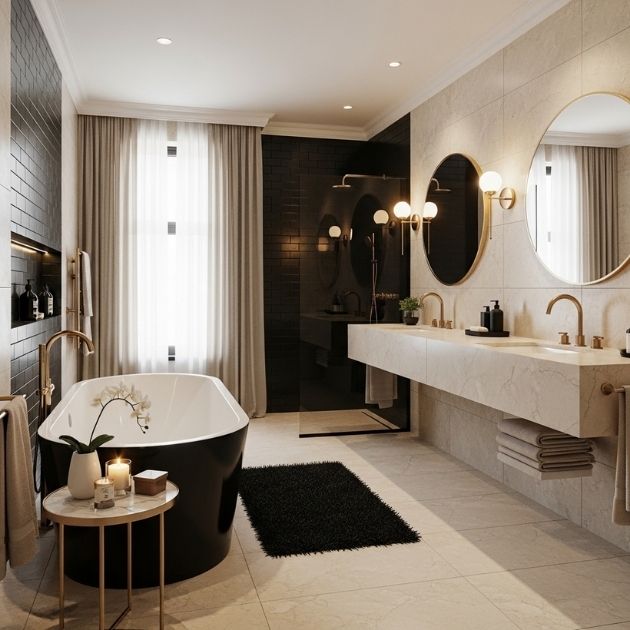 Soft Glamour Escape Black and Beige Bathroom