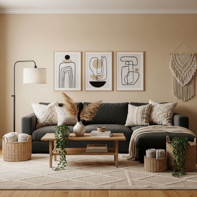 Subtle Boho Aesthetic Black and Beige Living Room