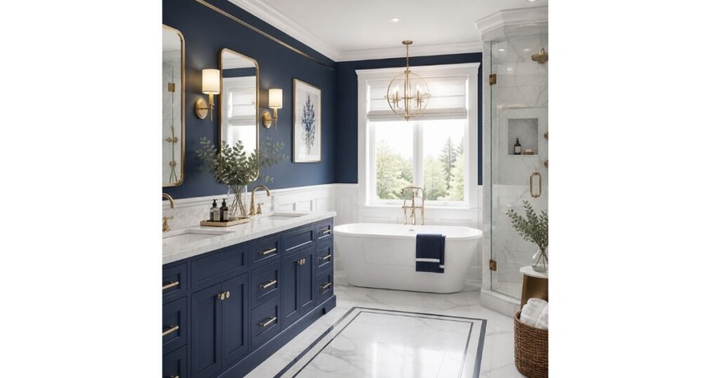 Understated Luxury Blue and White Bathroom