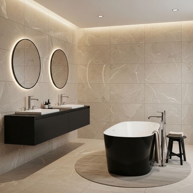Understated Opulence Black and Beige Bathroom