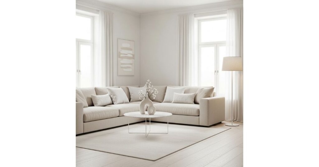 White Minimalist Chic White and Beige Living Room